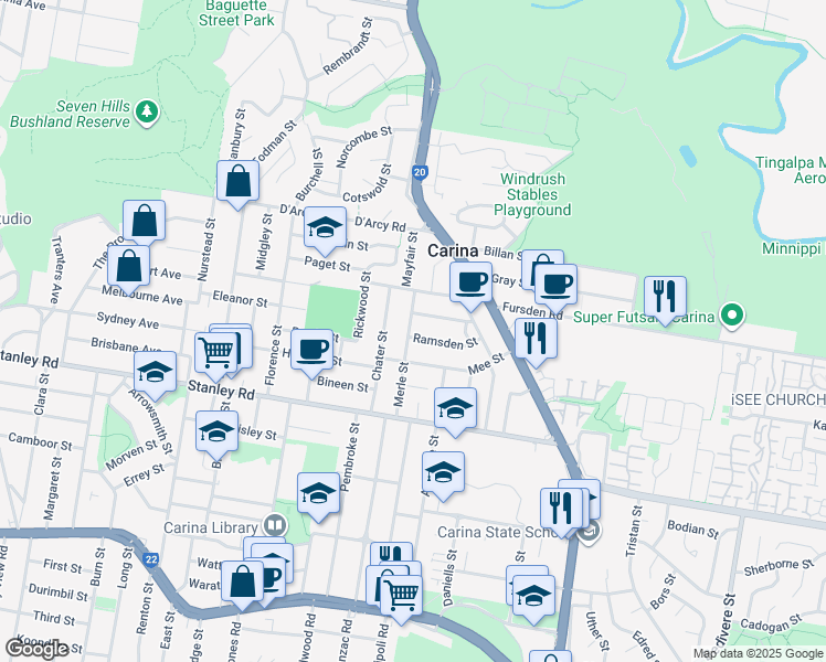 map of restaurants, bars, coffee shops, grocery stores, and more near 45 Merle Street in Carina