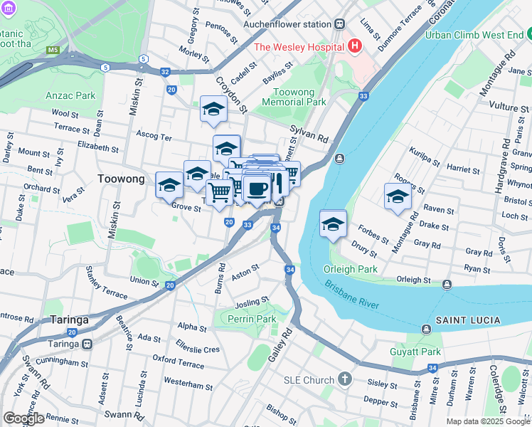 map of restaurants, bars, coffee shops, grocery stores, and more near High Street in Toowong
