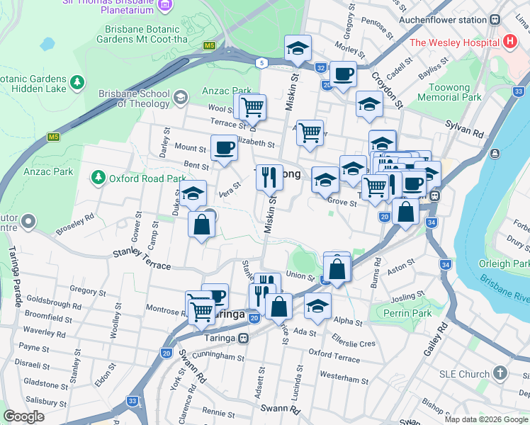 map of restaurants, bars, coffee shops, grocery stores, and more near 97 Miskin Street in Toowong