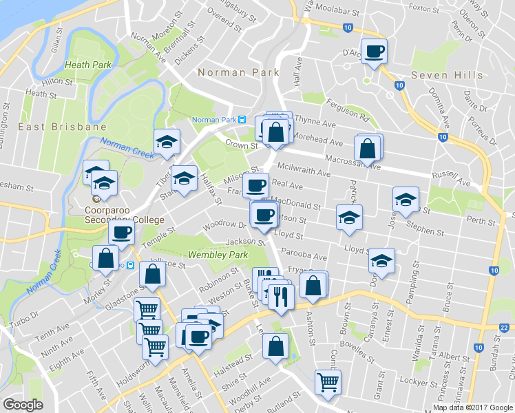 map of restaurants, bars, coffee shops, grocery stores, and more near 114 Bennetts Road in Coorparoo