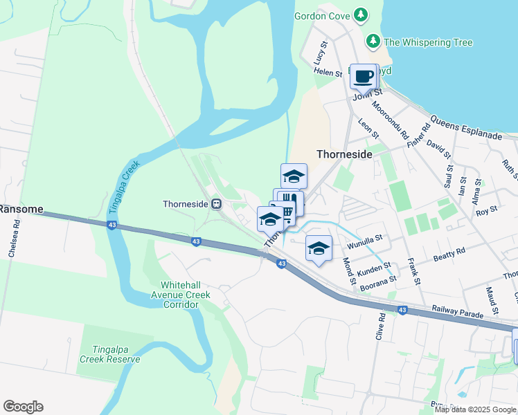 map of restaurants, bars, coffee shops, grocery stores, and more near 61 Ferry Road in Thorneside