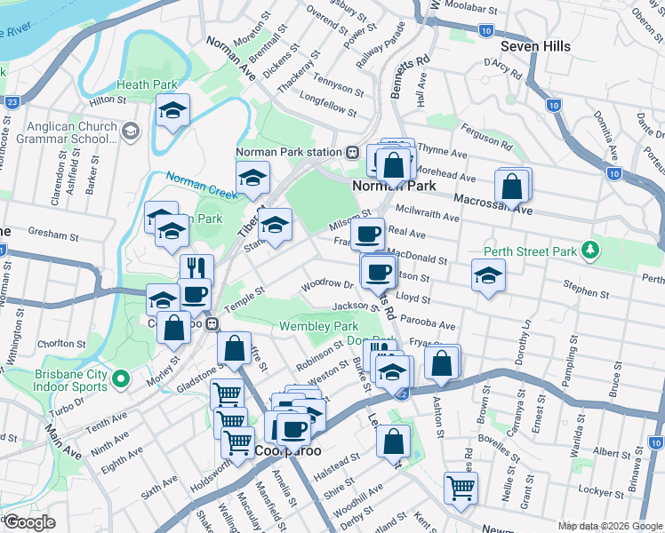map of restaurants, bars, coffee shops, grocery stores, and more near 127 Temple Street in Coorparoo