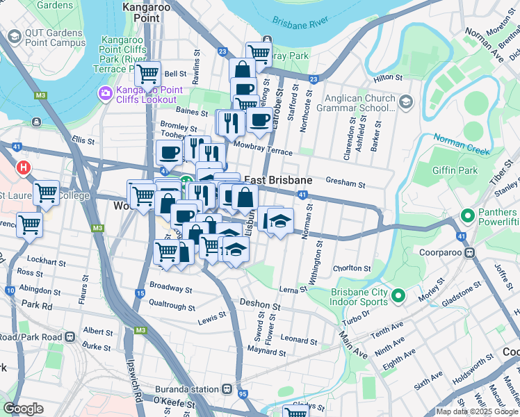 map of restaurants, bars, coffee shops, grocery stores, and more near 21 Kingfisher Lane in East Brisbane
