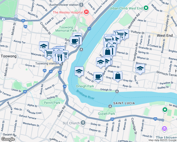 map of restaurants, bars, coffee shops, grocery stores, and more near 55 Forbes Street in West End