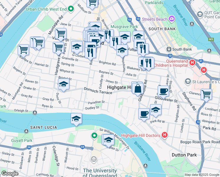 map of restaurants, bars, coffee shops, grocery stores, and more near 12 Colton Street in Highgate Hill