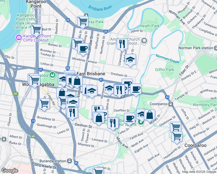 map of restaurants, bars, coffee shops, grocery stores, and more near 7 Withington Street in East Brisbane