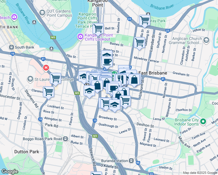 map of restaurants, bars, coffee shops, grocery stores, and more near 33A Logan Road in Woolloongabba