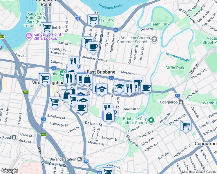 map of restaurants, bars, coffee shops, grocery stores, and more near 16 Longlands Street in East Brisbane
