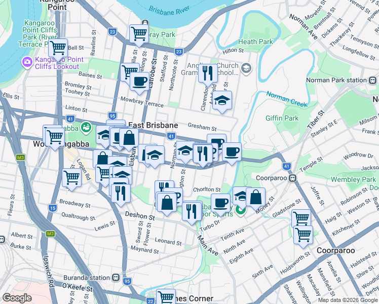 map of restaurants, bars, coffee shops, grocery stores, and more near 12 Withington Street in East Brisbane