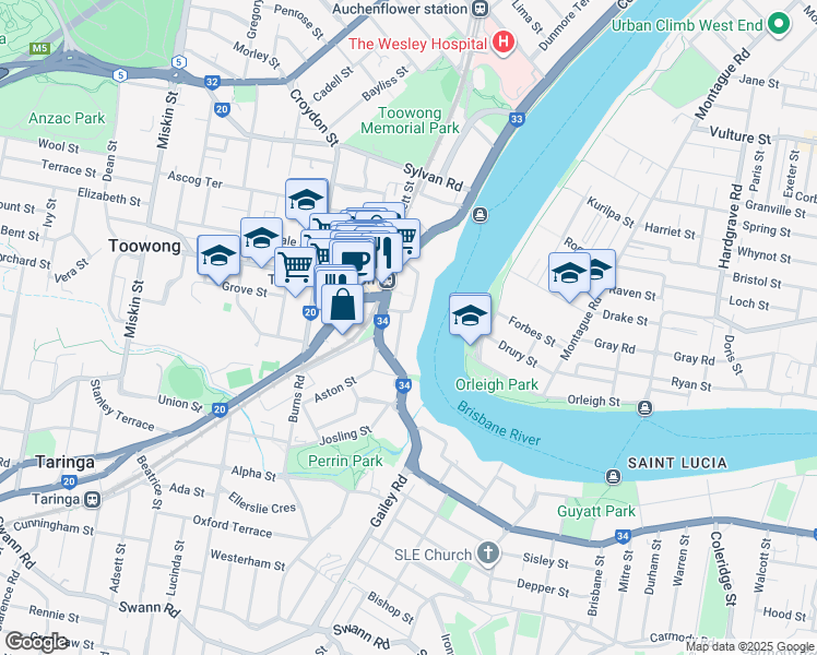 map of restaurants, bars, coffee shops, grocery stores, and more near 36 Glen Road in Toowong