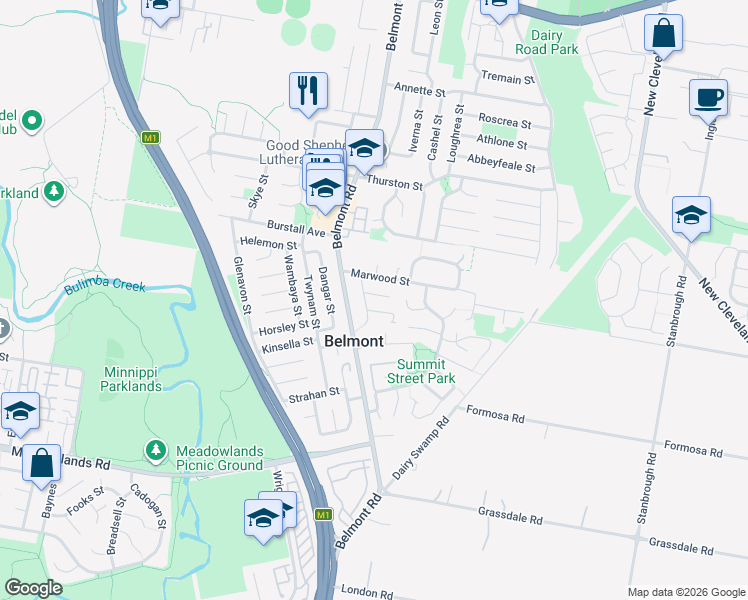 map of restaurants, bars, coffee shops, grocery stores, and more near 3 Falstaff Street in Belmont