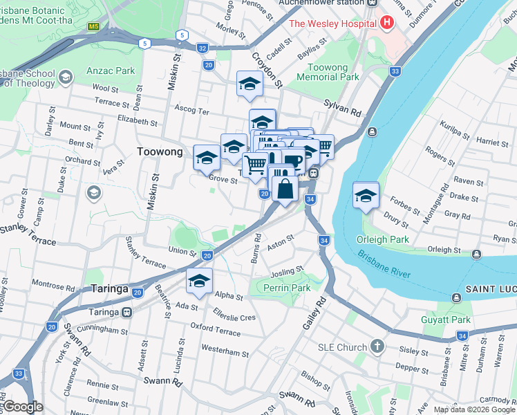 map of restaurants, bars, coffee shops, grocery stores, and more near 90 Kensington Terrace in Toowong