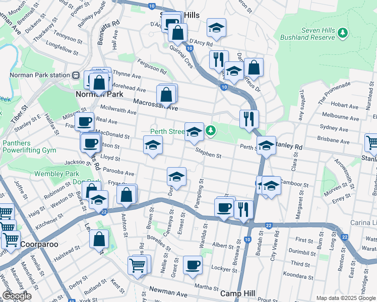 map of restaurants, bars, coffee shops, grocery stores, and more near 5 Stephen Street in Camp Hill