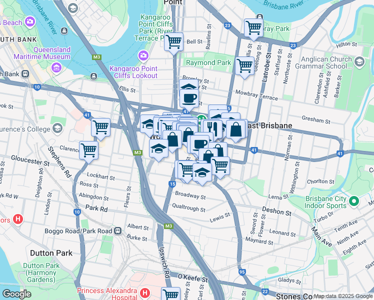 map of restaurants, bars, coffee shops, grocery stores, and more near 33A Logan Road in Woolloongabba