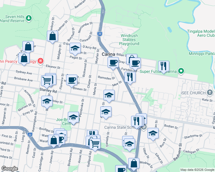 map of restaurants, bars, coffee shops, grocery stores, and more near 29 Malthus Street in Carina