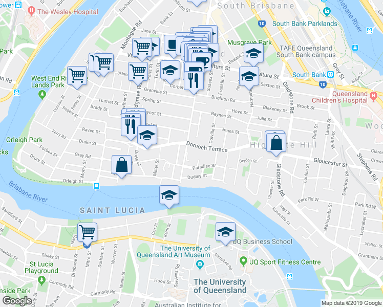 map of restaurants, bars, coffee shops, grocery stores, and more near 232 Boundary Street in West End