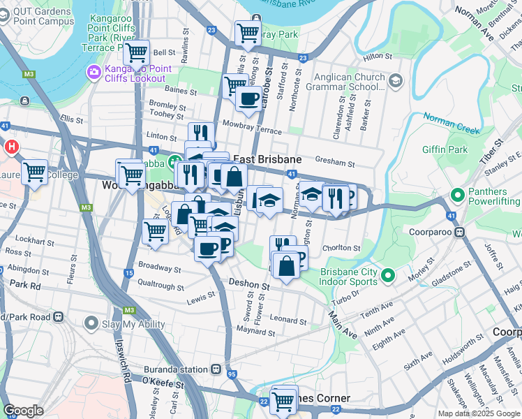 map of restaurants, bars, coffee shops, grocery stores, and more near 921 Stanley Street East in East Brisbane
