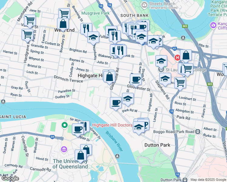 map of restaurants, bars, coffee shops, grocery stores, and more near 76 Gladstone Road in Highgate Hill