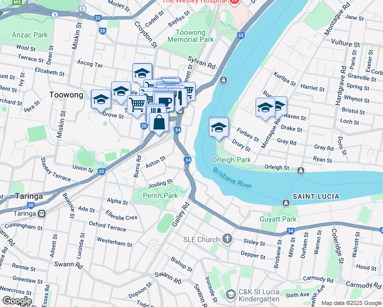 map of restaurants, bars, coffee shops, grocery stores, and more near 1 Glenny Street in Toowong