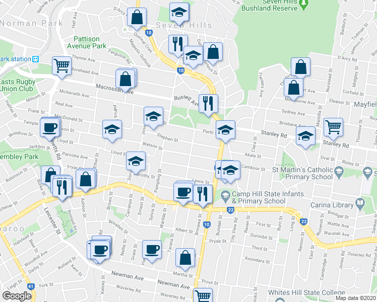 map of restaurants, bars, coffee shops, grocery stores, and more near 44 Halland Terrace in Camp Hill