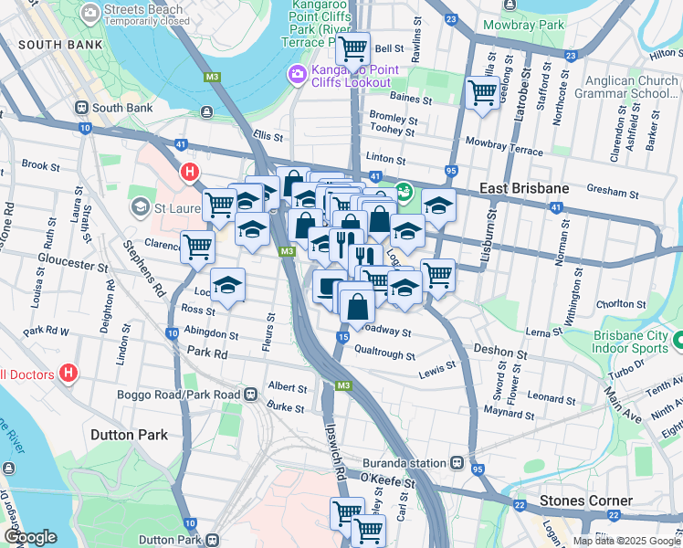 map of restaurants, bars, coffee shops, grocery stores, and more near 6 Hawthorne Street in Woolloongabba