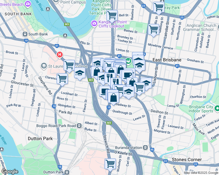 map of restaurants, bars, coffee shops, grocery stores, and more near 2 Hawthorne Street in Woolloongabba