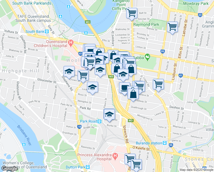 map of restaurants, bars, coffee shops, grocery stores, and more near 27 Fleurs Street in Woolloongabba