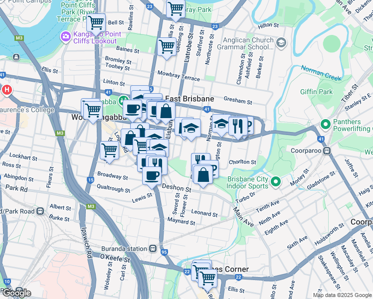 map of restaurants, bars, coffee shops, grocery stores, and more near 46 Fisher Street in East Brisbane