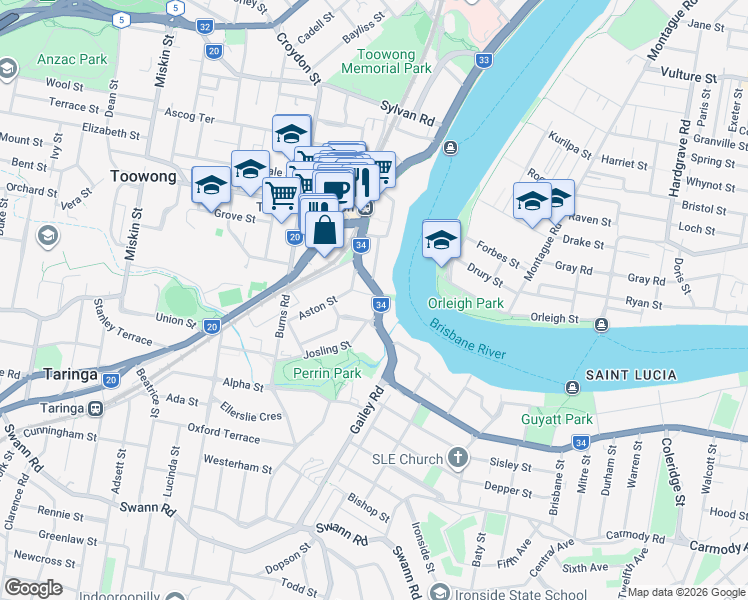 map of restaurants, bars, coffee shops, grocery stores, and more near 39 Brisbane Street in Toowong
