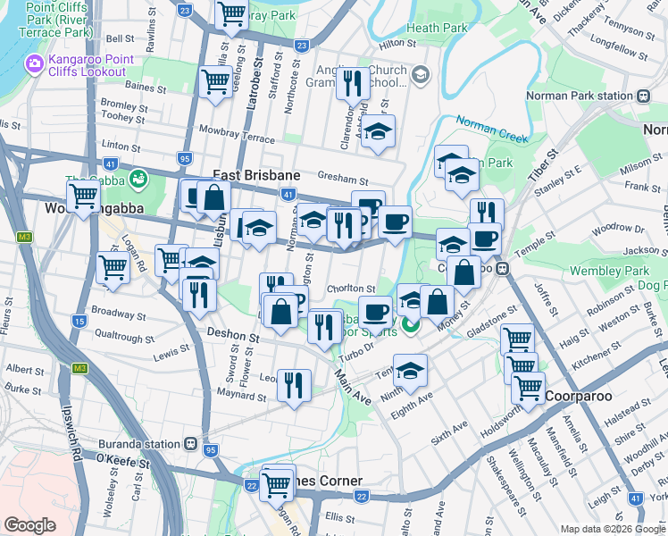 map of restaurants, bars, coffee shops, grocery stores, and more near 34 Didsbury Street in East Brisbane