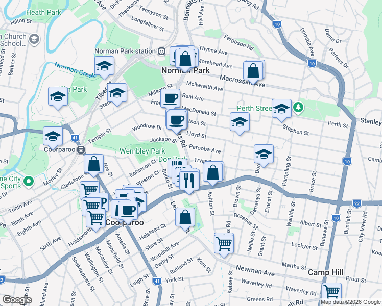 map of restaurants, bars, coffee shops, grocery stores, and more near 57 Bennetts Road in Camp Hill