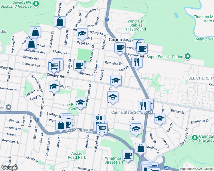 map of restaurants, bars, coffee shops, grocery stores, and more near 333 Stanley Road in Carina