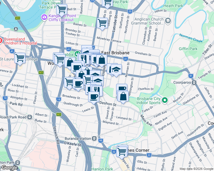 map of restaurants, bars, coffee shops, grocery stores, and more near 14 Camberwell Street in East Brisbane