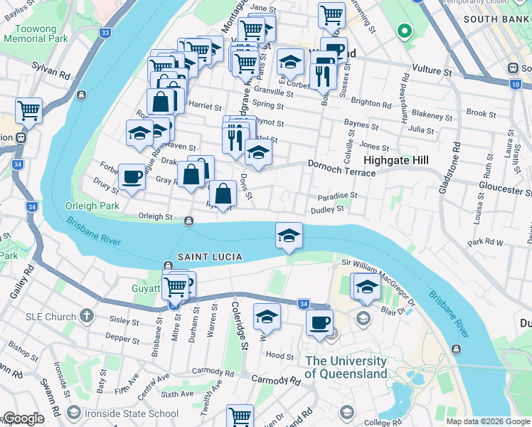 map of restaurants, bars, coffee shops, grocery stores, and more near 149 Ryan Street in West End