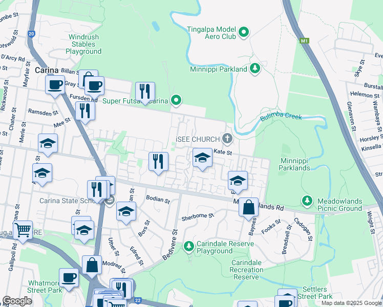 map of restaurants, bars, coffee shops, grocery stores, and more near 116 Meadowlands Road in Carina