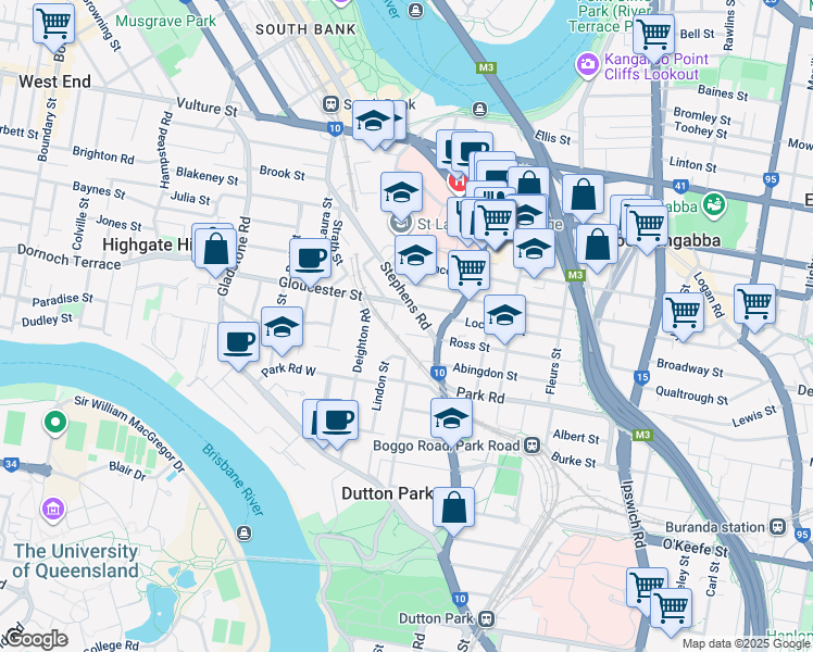 map of restaurants, bars, coffee shops, grocery stores, and more near 19 Athlone Street in Woolloongabba