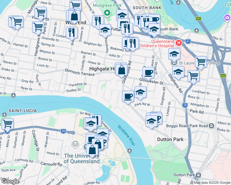 map of restaurants, bars, coffee shops, grocery stores, and more near 9 Chester Street in Highgate Hill