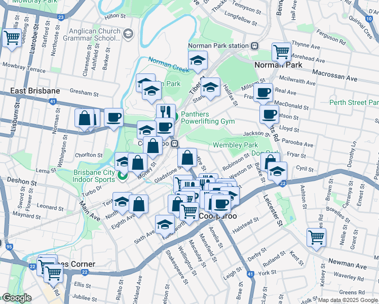 map of restaurants, bars, coffee shops, grocery stores, and more near 42 Joffre Street in Coorparoo