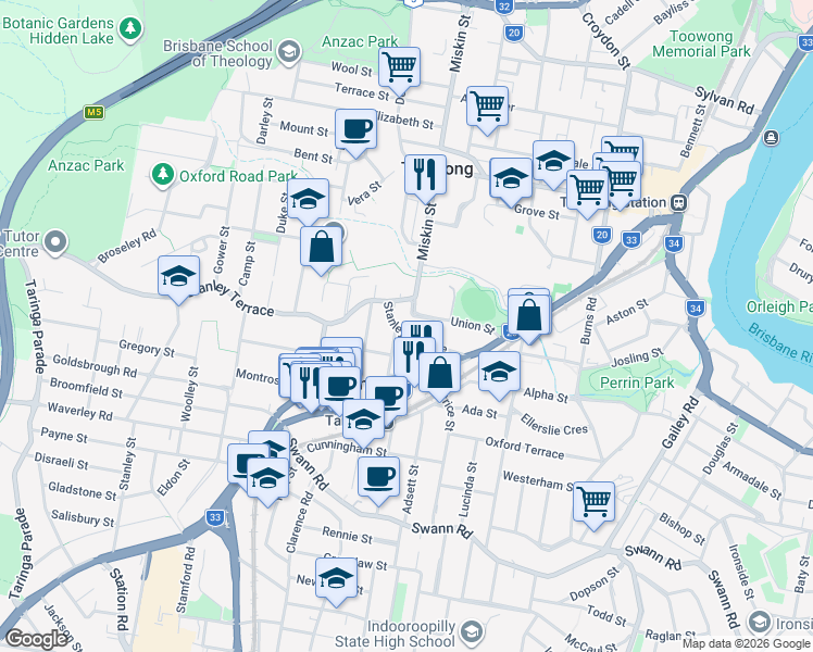 map of restaurants, bars, coffee shops, grocery stores, and more near 49 Stanley Terrace in Taringa