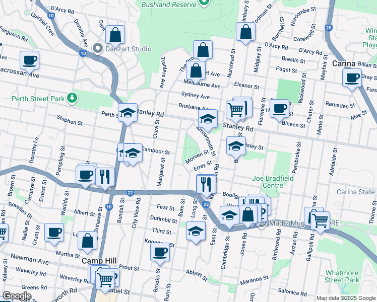 map of restaurants, bars, coffee shops, grocery stores, and more near 29 Aubrey Street in Camp Hill