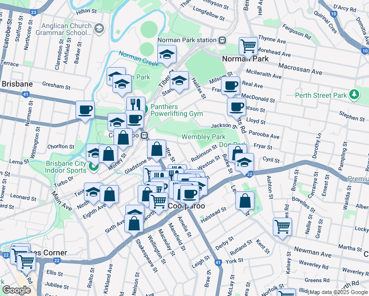 map of restaurants, bars, coffee shops, grocery stores, and more near 81 French Street in Coorparoo