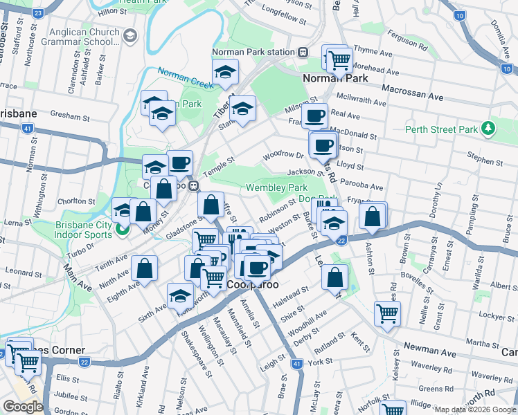 map of restaurants, bars, coffee shops, grocery stores, and more near 75 Jellicoe Street in Coorparoo