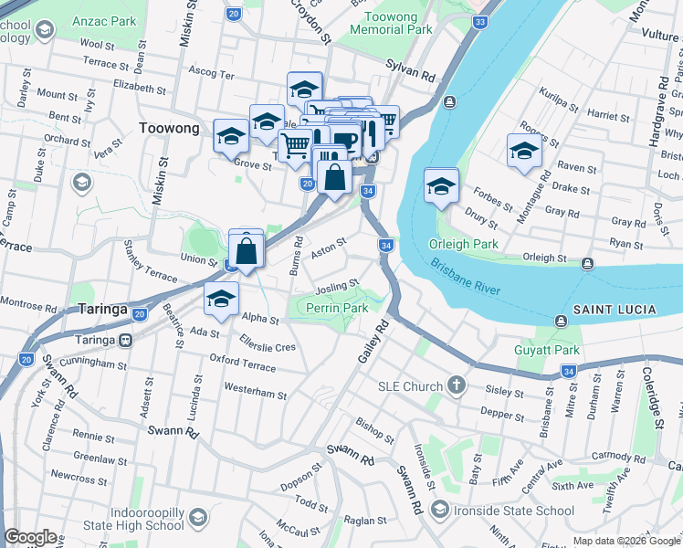 map of restaurants, bars, coffee shops, grocery stores, and more near 18 Holmes Street in Toowong