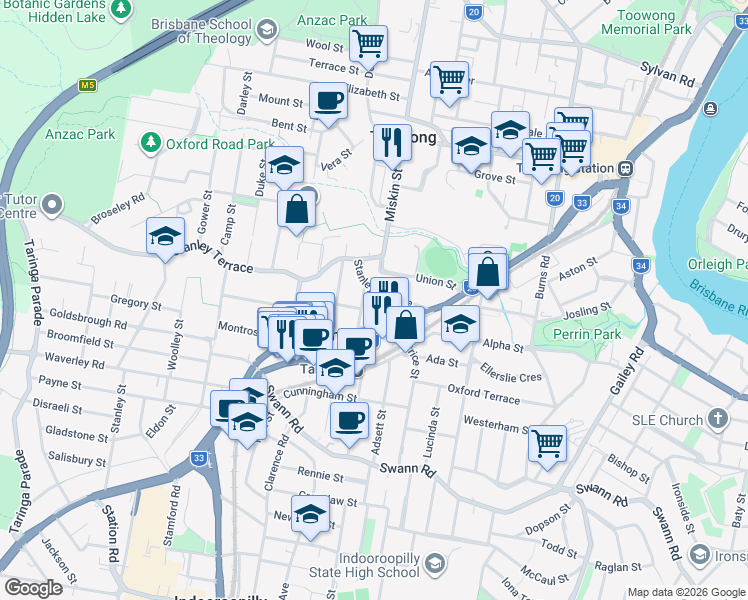 map of restaurants, bars, coffee shops, grocery stores, and more near 48 Stanley Terrace in Taringa