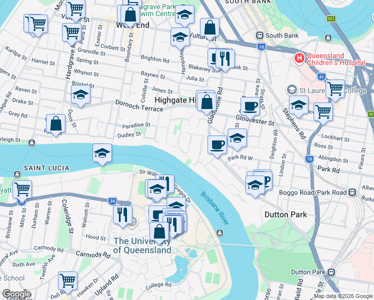 map of restaurants, bars, coffee shops, grocery stores, and more near 11 Derby Street in Highgate Hill