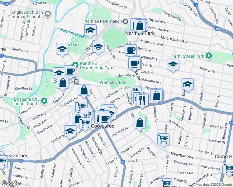 map of restaurants, bars, coffee shops, grocery stores, and more near 31 Robinson Street in Coorparoo