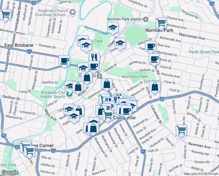 map of restaurants, bars, coffee shops, grocery stores, and more near 100 Cavendish Road in Coorparoo