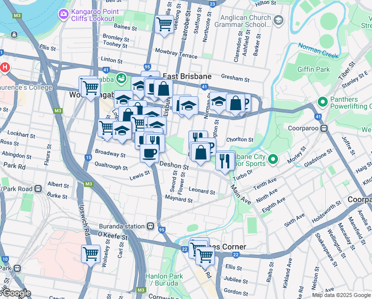 map of restaurants, bars, coffee shops, grocery stores, and more near 83 Longlands Street in East Brisbane