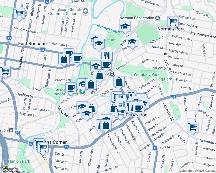 map of restaurants, bars, coffee shops, grocery stores, and more near 21 Gladstone Lane in Coorparoo