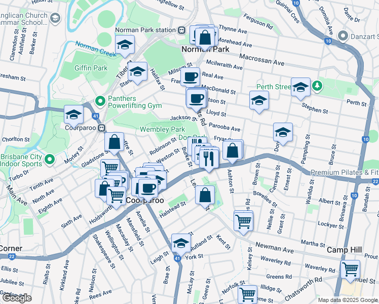 map of restaurants, bars, coffee shops, grocery stores, and more near 27 Burke Street in Coorparoo